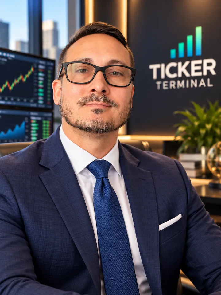 Portrait of Michael Canete, founder and CEO of Ticker-Terminal, wearing glasses and a navy suit in an office with market charts on screens