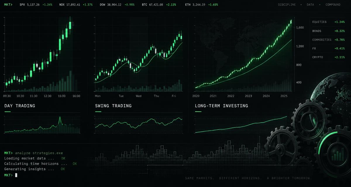 Dark editorial illustration showing three green signal paths representing day trading, swing trading and long-term investing horizons